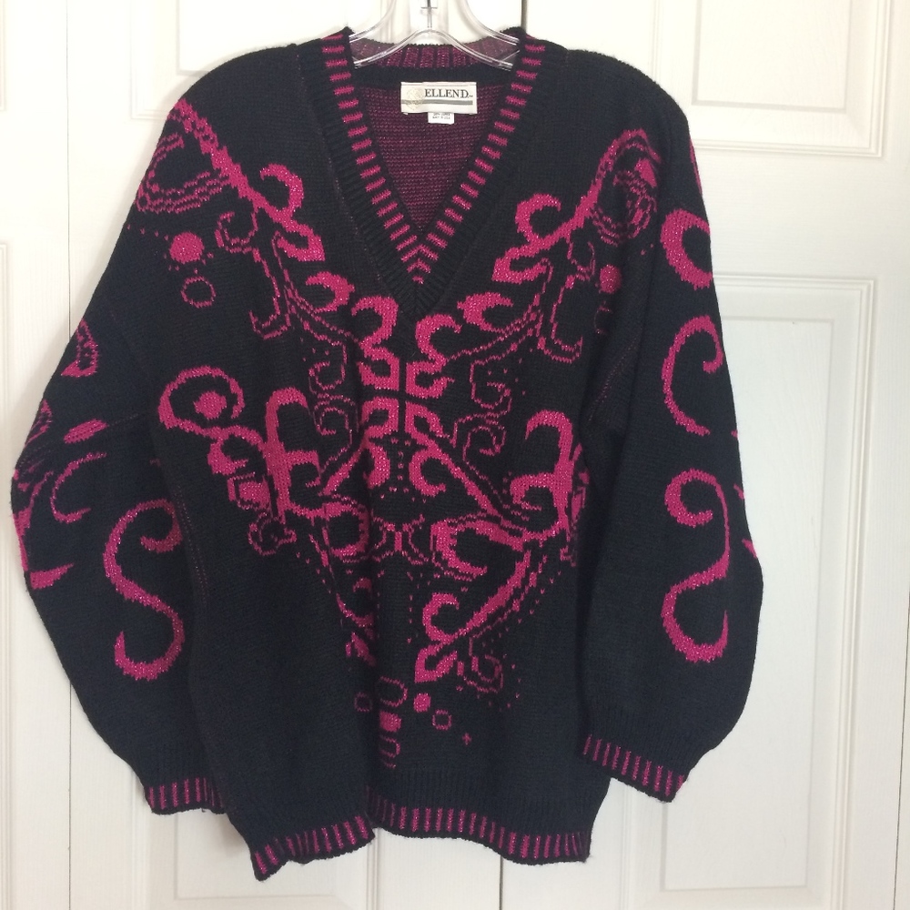 Vintage  sweater 80s black hot pink glittery